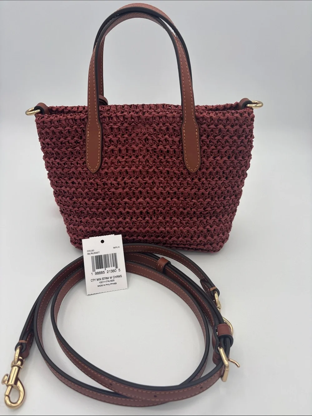 Coach Mini Straw Tote with Charms - Gold/Russet